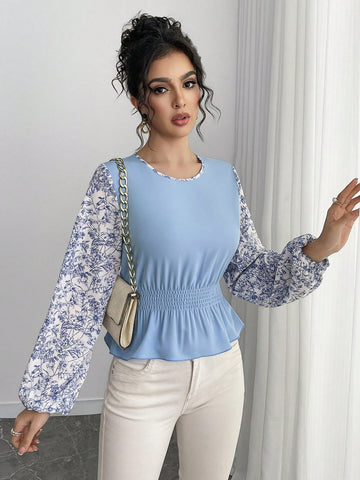Roylia Women's Contrasting Color Patchwork Distressed Ruffle Hem French Retro Blouse, Long Sleeve