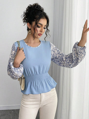 Roylia Women's Contrasting Color Patchwork Distressed Ruffle Hem French Retro Blouse, Long Sleeve