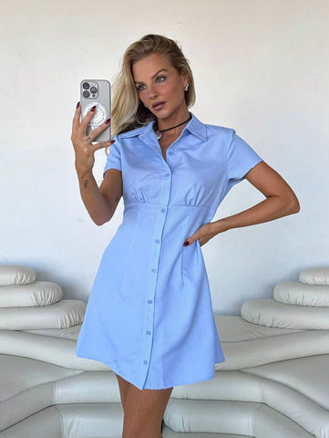 Roylia Women's Elegant Stylish Striped Cinched Waist Short Shirt Dress