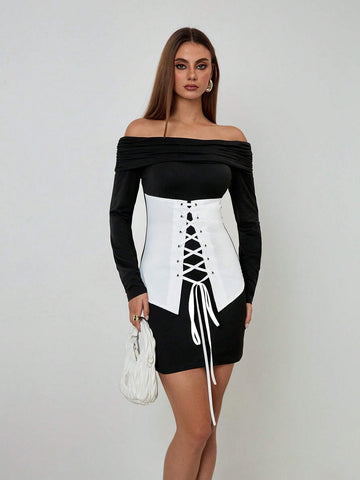 Roylia Women's Off-Shoulder Tie-Front Eyelet Midi Dress