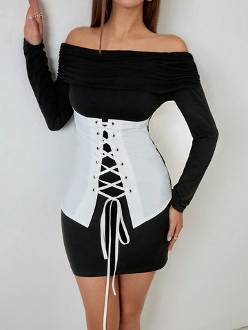 Roylia Women's Off-Shoulder Tie-Front Eyelet Midi Dress