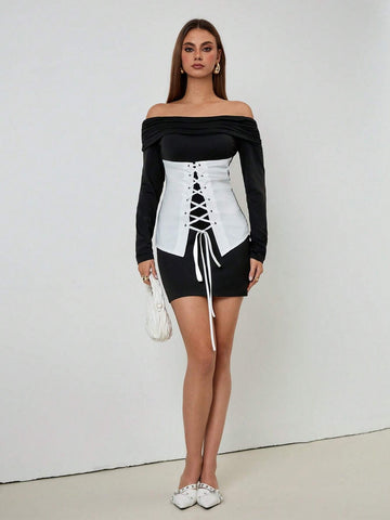 Roylia Women's Off-Shoulder Tie-Front Eyelet Midi Dress