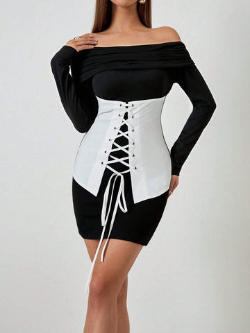 Roylia Women's Off-Shoulder Tie-Front Eyelet Midi Dress