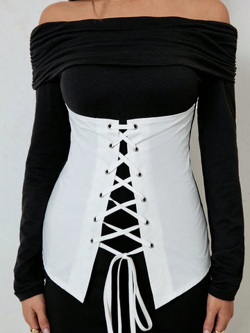 Roylia Women's Off-Shoulder Tie-Front Eyelet Midi Dress