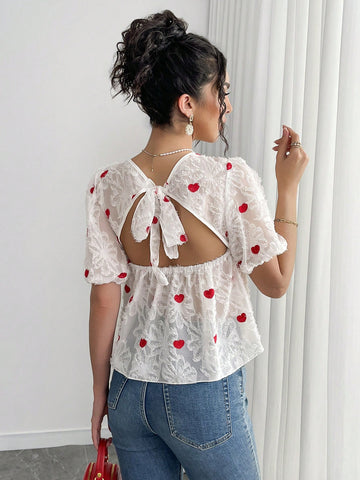 Women's Puff Sleeve Blouse With Textured Heart Pattern, Bow Decor Back, Ruffle Hem, Romantic Short Sleeve Shirt