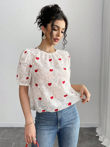 Women's Puff Sleeve Blouse With Textured Heart Pattern, Bow Decor Back, Ruffle Hem, Romantic Short Sleeve Shirt