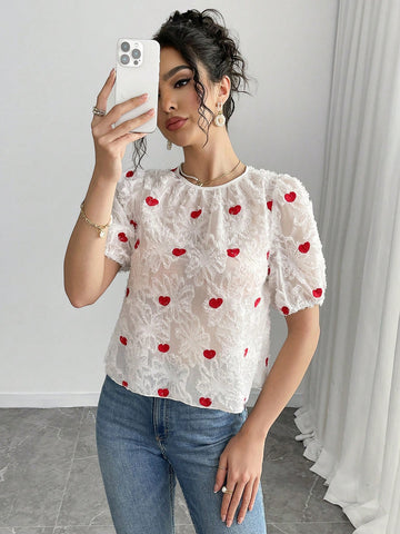 Women's Puff Sleeve Blouse With Textured Heart Pattern, Bow Decor Back, Ruffle Hem, Romantic Short Sleeve Shirt