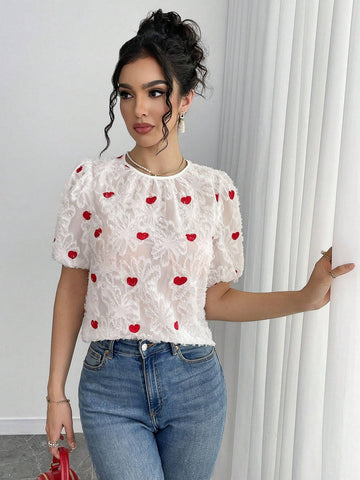 Women's Puff Sleeve Blouse With Textured Heart Pattern, Bow Decor Back, Ruffle Hem, Romantic Short Sleeve Shirt