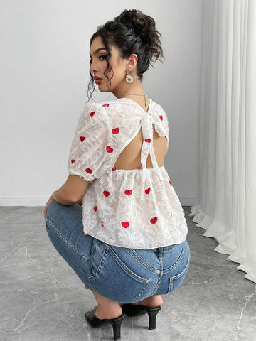 Women's Puff Sleeve Blouse With Textured Heart Pattern, Bow Decor Back, Ruffle Hem, Romantic Short Sleeve Shirt