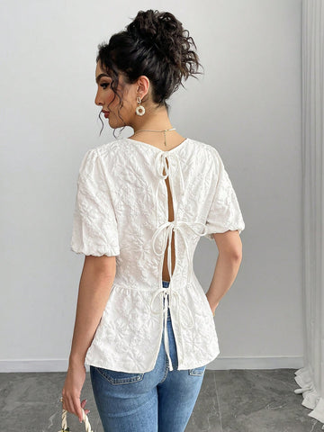 Roylia Women's Textured Fabric Back Bow Strap Babydoll Hem Short Sleeve Blouse