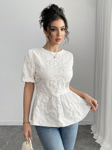 Roylia Women's Textured Fabric Back Bow Strap Babydoll Hem Short Sleeve Blouse