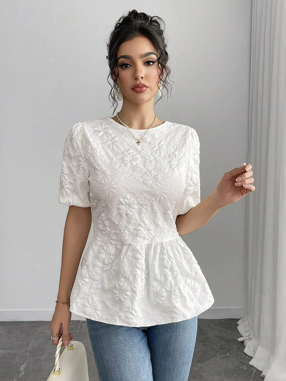 Roylia Women's Textured Fabric Back Bow Strap Babydoll Hem Short Sleeve Blouse