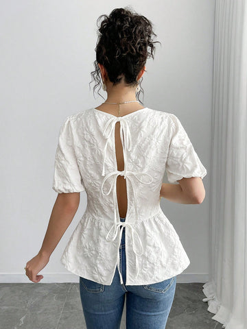 Roylia Women's Textured Fabric Back Bow Strap Babydoll Hem Short Sleeve Blouse