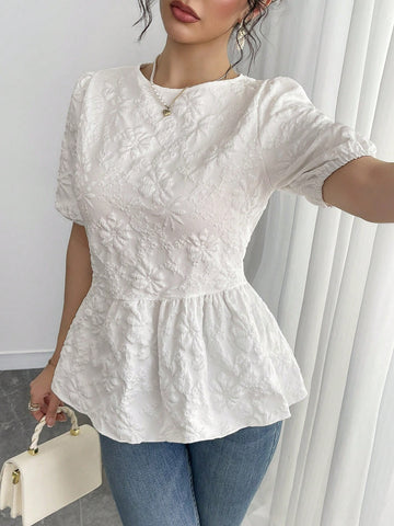 Roylia Women's Textured Fabric Back Bow Strap Babydoll Hem Short Sleeve Blouse