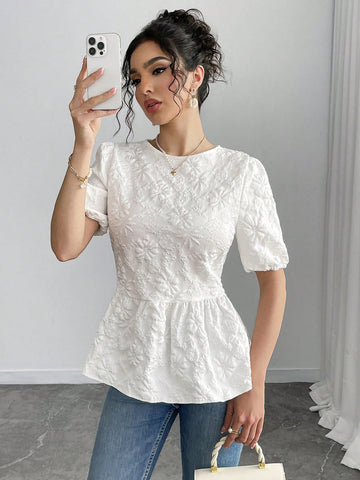 Roylia Women's Textured Fabric Back Bow Strap Babydoll Hem Short Sleeve Blouse