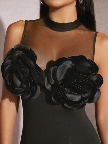 Rubyna 3D Rosette Bust Mock Neck Bodysuit