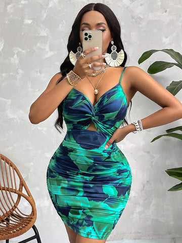 Ruched Bodycon Dress With Twist Straps (Random Floral)