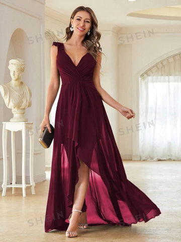 Ruched Bust Asymmetrical Hem Chiffon Bridesmaid Dress