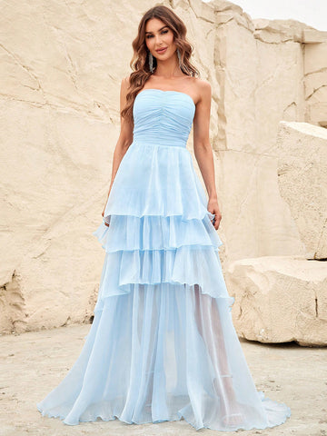 Ruched Bust Layer Hem Chiffon Tube Bridesmaid Dress