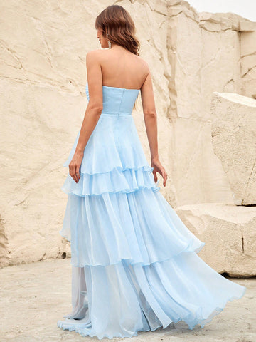 Ruched Bust Layer Hem Chiffon Tube Bridesmaid Dress