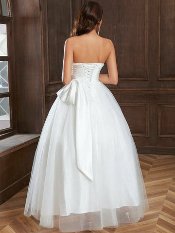 Ruched Bust Mesh Tube Wedding Dress