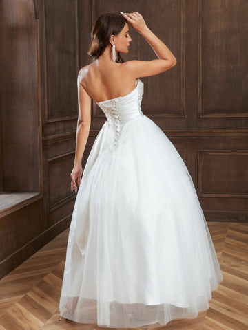 Ruched Bust Mesh Tube Wedding Dress