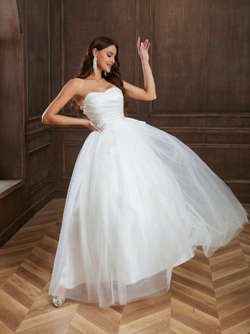Ruched Bust Mesh Tube Wedding Dress