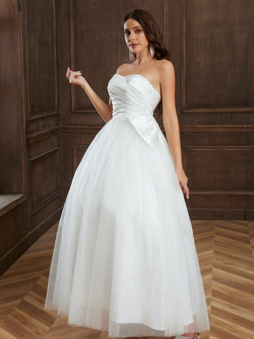 Ruched Bust Mesh Tube Wedding Dress