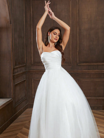 Ruched Bust Mesh Tube Wedding Dress