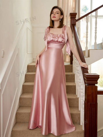 Ruched Bust Tie Shoulder Satin Bridesmaid Dress