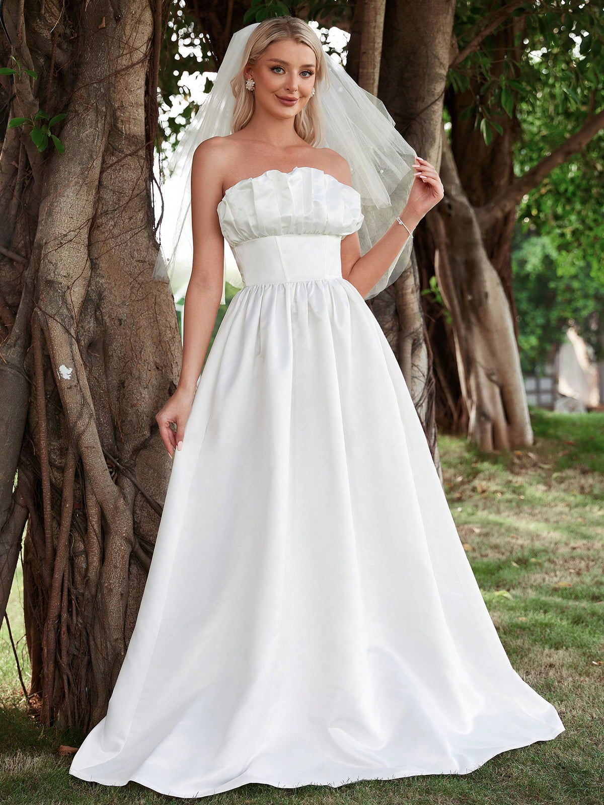 Ruched Bust Tube Wedding Dress Without Veil