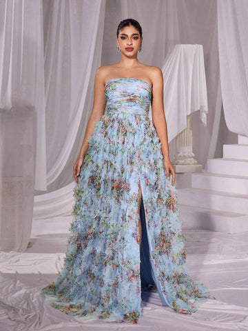 Ruched Front Ruffle Trim Floral Mesh Tube Dress