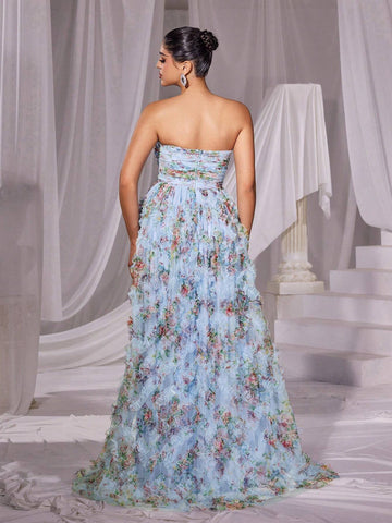Ruched Front Ruffle Trim Floral Mesh Tube Dress