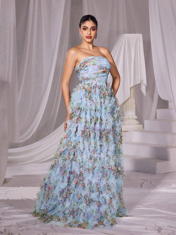 Ruched Front Ruffle Trim Floral Mesh Tube Dress