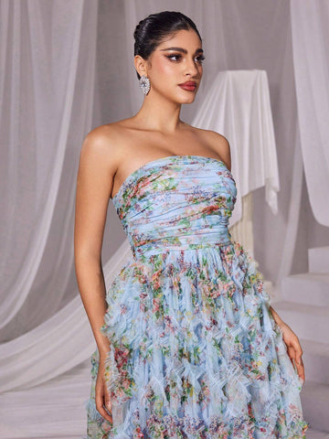 Ruched Front Ruffle Trim Floral Mesh Tube Dress
