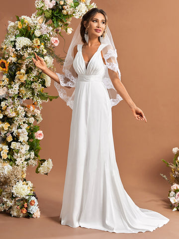 Ruched Lace Up Back Wedding Dress Without Veil