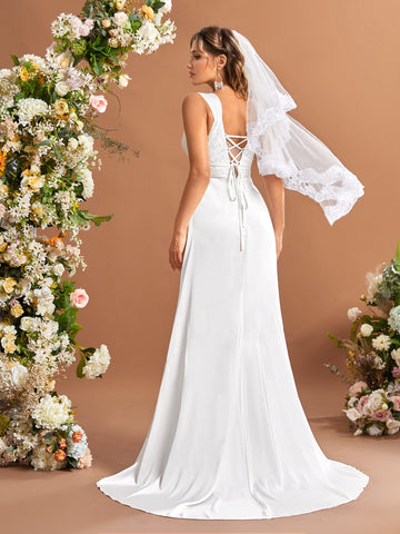 Ruched Lace Up Back Wedding Dress Without Veil