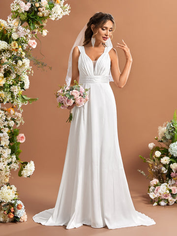 Ruched Lace Up Back Wedding Dress Without Veil