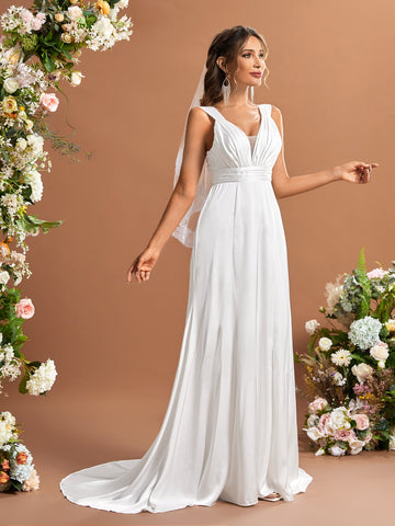Ruched Lace Up Back Wedding Dress Without Veil
