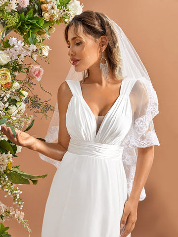 Ruched Lace Up Back Wedding Dress Without Veil