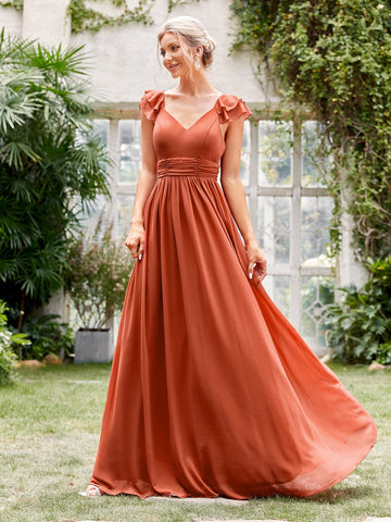 Ruched Layered Ruffle Trim Maxi Bridesmaid Dress