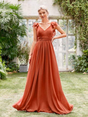 Ruched Layered Ruffle Trim Maxi Bridesmaid Dress