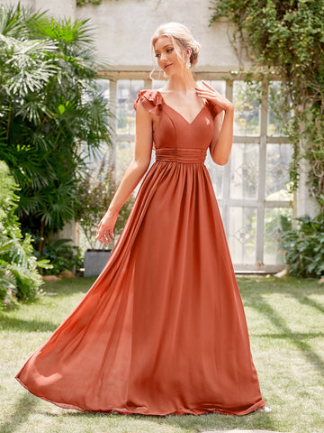 Ruched Layered Ruffle Trim Maxi Bridesmaid Dress