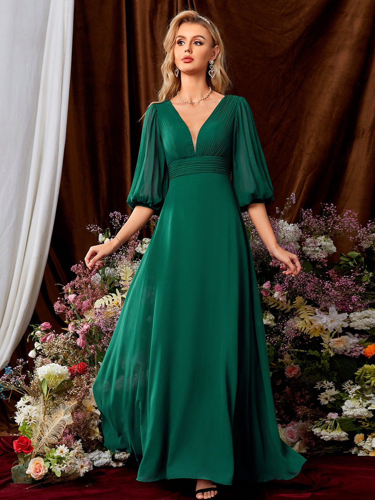 Ruched Plunging Neck Lantern Sleeve Chiffon Bridesmaid Dress