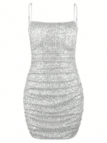 Ruched Sequins Mini Dress With Adjustable Straps