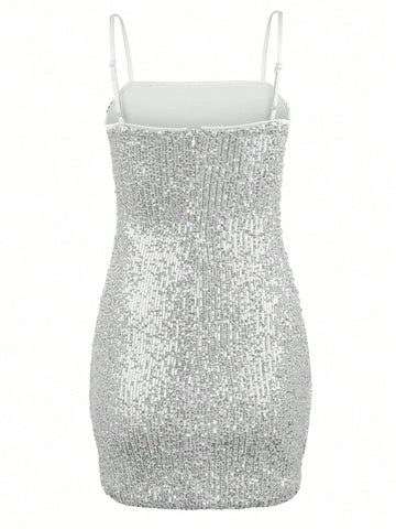 Ruched Sequins Mini Dress With Adjustable Straps