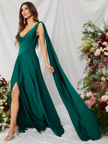 Ruched Split Thigh Draped Side Chiffon Formal Dress
