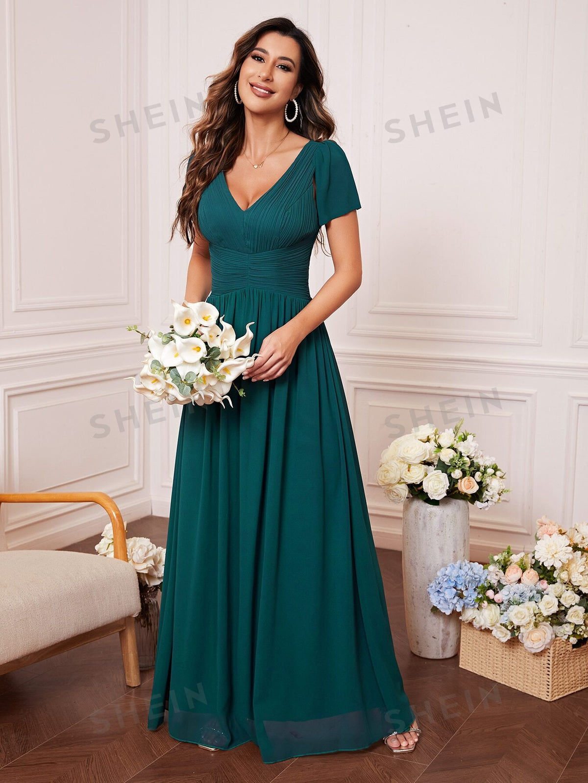 Ruched Waist Zip Back Chiffon Bridesmaid Dress