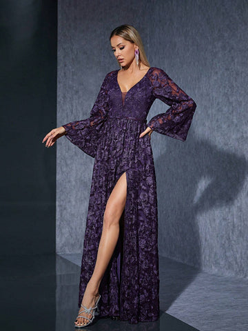 Ruffle Half-Chest Mid-Sleeve Embroidered Lace High-End Evening Dress