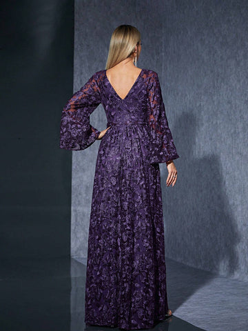 Ruffle Half-Chest Mid-Sleeve Embroidered Lace High-End Evening Dress
